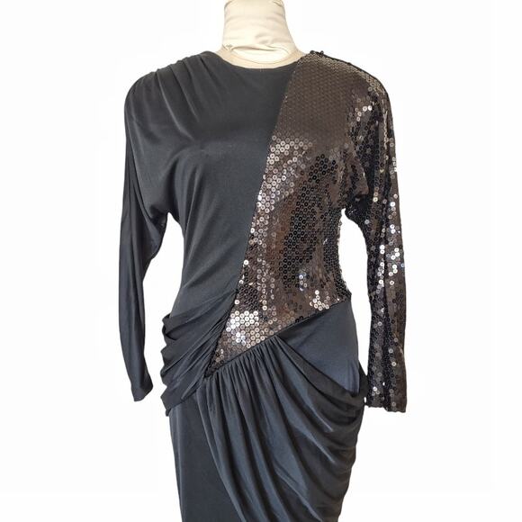 DOVIZIA Black Vintage Cocktail Dress Sz 8 Sequins Bodycon New Years Eve Holidays - Picture 3 of 10